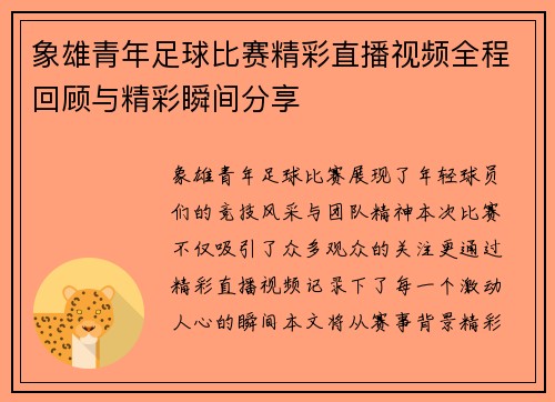 象雄青年足球比赛精彩直播视频全程回顾与精彩瞬间分享